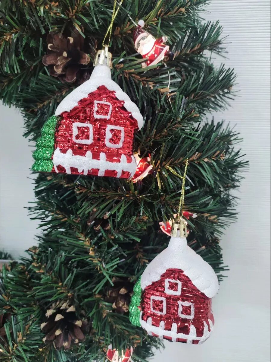 Елочные игрушки Сфера "Домик", пластик, красные, 7 см, в подарочной упаковке, 2 шт. — фото 1