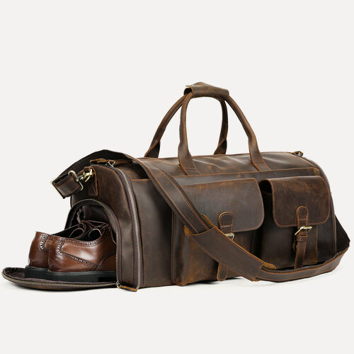 Изображение товара Мужская дорожная сумка из кожи Crazy Horse, многофункциональная сумка для багажа из натуральной кожи, складная сумка для хранения костюма из воловьей кожи первого слоя, сумка для фитнеса