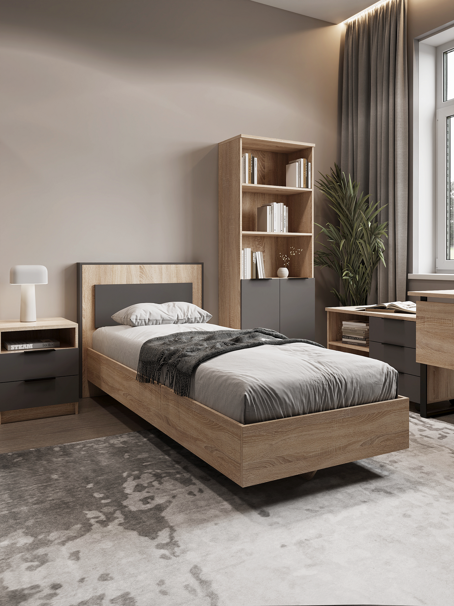 Кровать подростковая A-A MEBEL Оксфорд, дуб сонома, односпальная