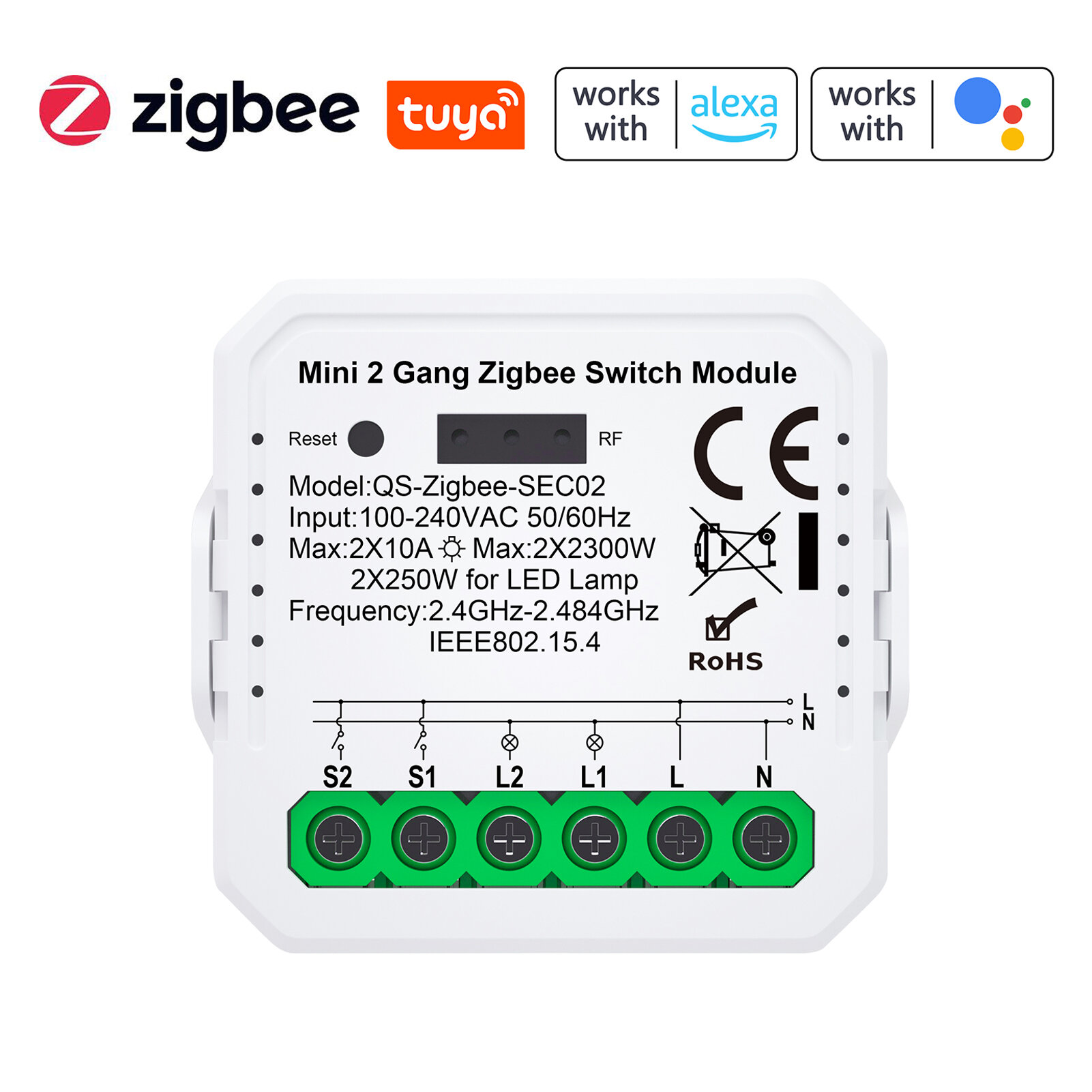 2 комплекта модулей переключателей ZigBee, кнопочных переключателей, модуль управления для бытовой техники, совместимый с приложением Alexa для мобильного телефона, с дистанционным управлением