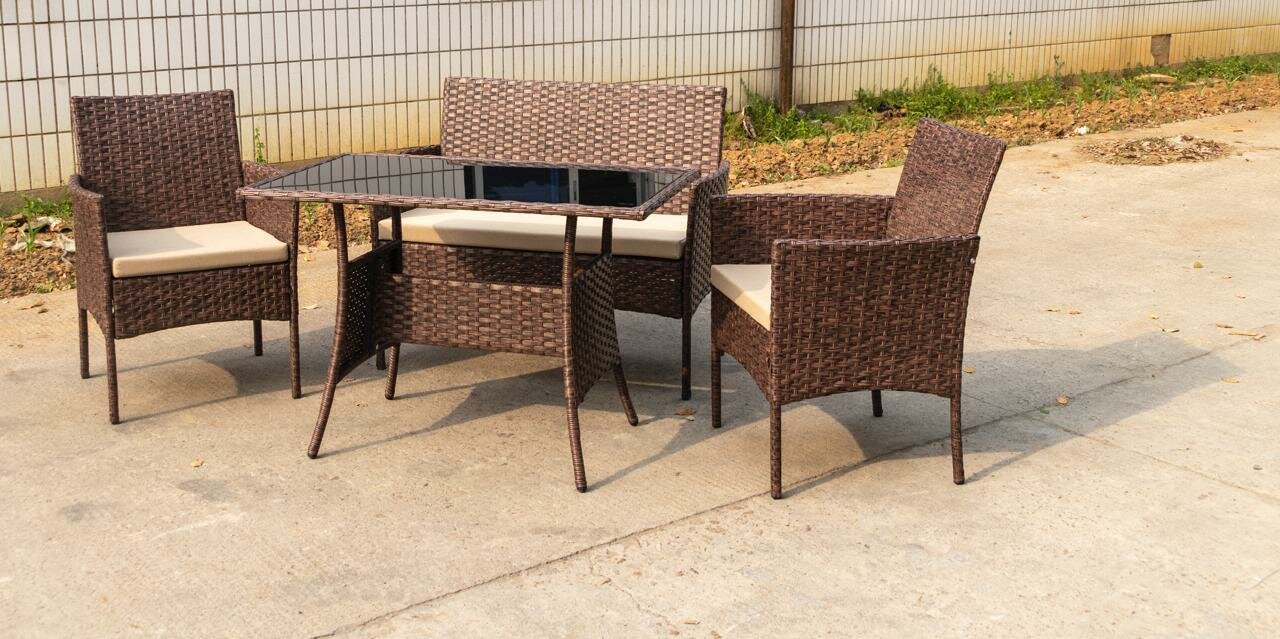 Картинки Комплект садовой мебели Full Comfort - SHARK из искусственного ротанга (обеденный стол, диван, 2 кресла) коричневый