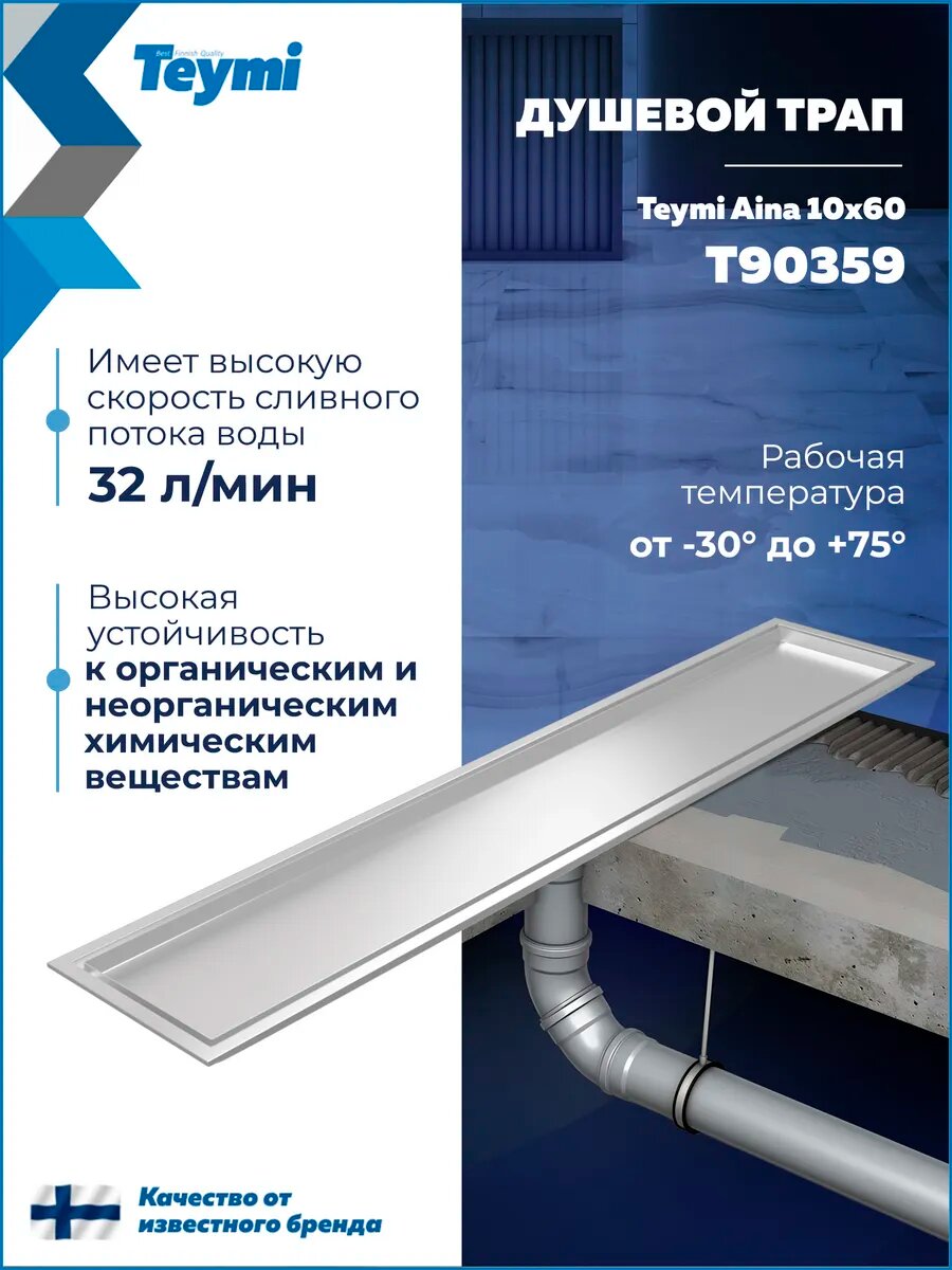 Трап для душа под плитку с сухим затвором вертикальный выпуск Teymi Aina 10х60 нержавеющая сталь T90359 — фото 1
