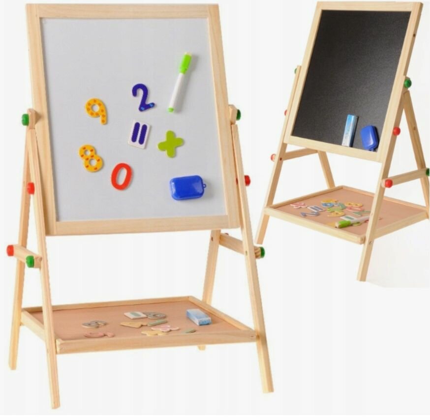 Мольберт двухсторонний магнитно-маркерный с полкой дерево бежевый.