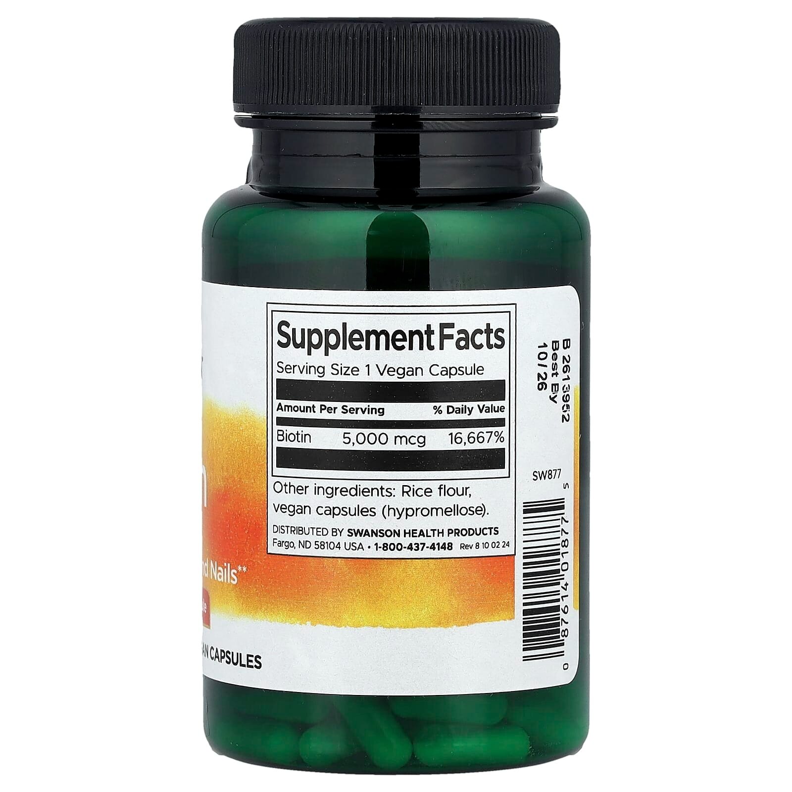 Swanson Биотин 5000 мкг, 100 капсул, для кожи, волос и ногтей, веганский — фото 1