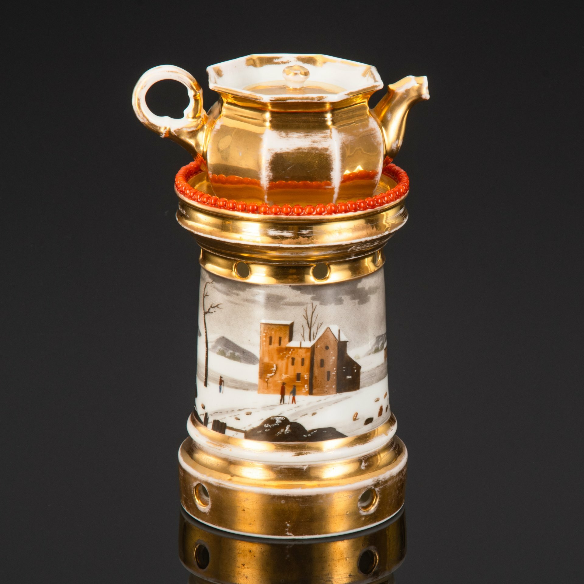 Тизаньер, украшенный изображением пейзажей, фарфор, роспись, золочение