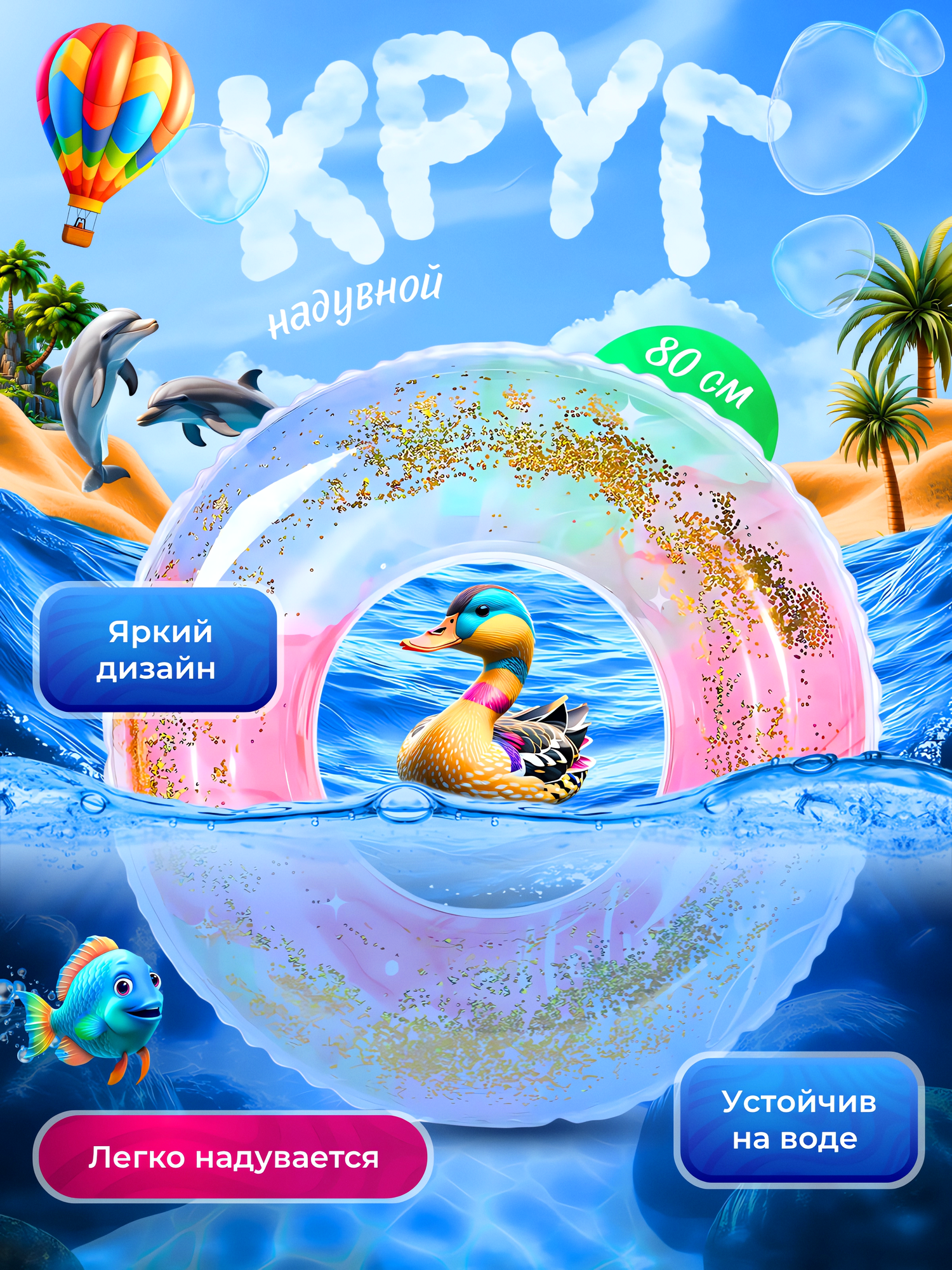 Пляжный круг "Hello Summer", ПВХ, с блестками, для детей от 5 лет, 80см