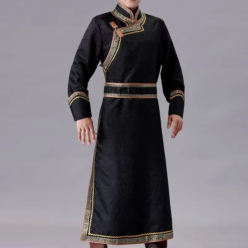 Мужской монгольский халат из полиэстера L 85-98kg, Черный, black