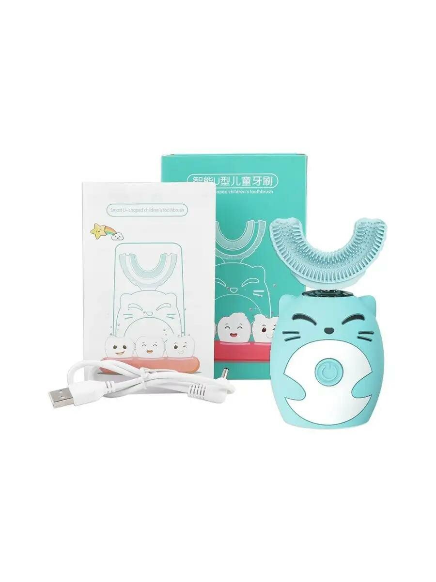 Обзор: Детская ультразвуковая зубная щетка с подсветкой, электрическая детская капа для чистки зубов U-образная (бирюзовый цвет)