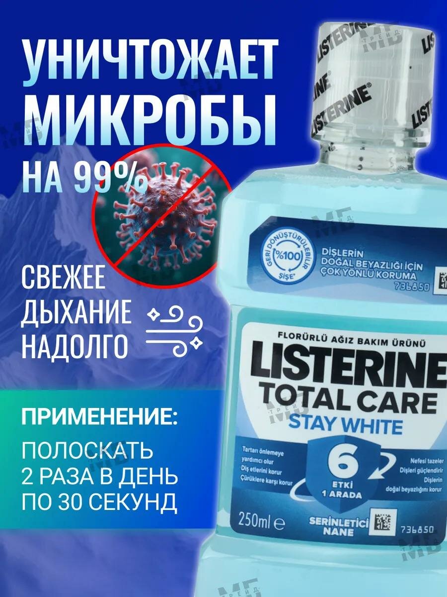 Ополаскиватель для рта Listerine Stay White, мятный, 250 мл. — фото 1