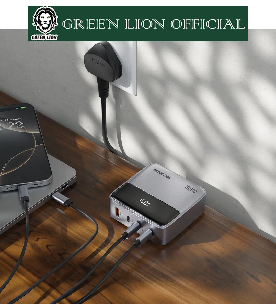 Сетевое зарядное устройство 100W Green Lion GaNPremium, быстрая зарядка, PPS, PD — фото 1
