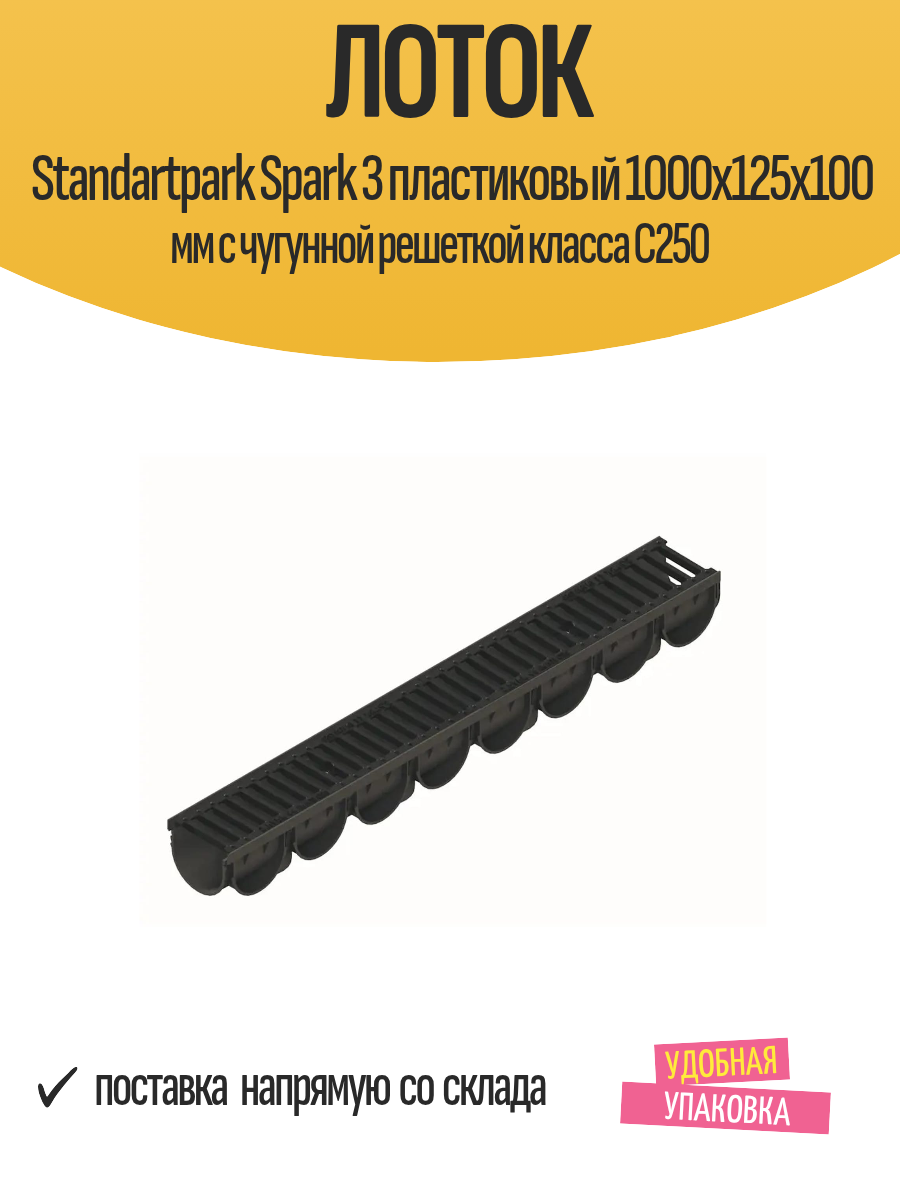 Лоток Standartpark Spark 3 пластиковый 1000x125x100 мм с чугунной решеткой класса С250