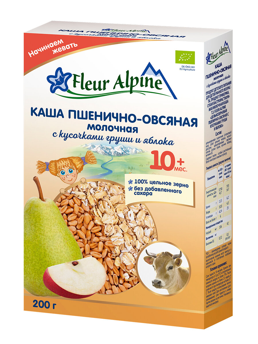 Каша Fleur Alpine ORGANIC молочная пшенично-овсяная с кусочками груши и яблока (с 10 месяцев) 200 г