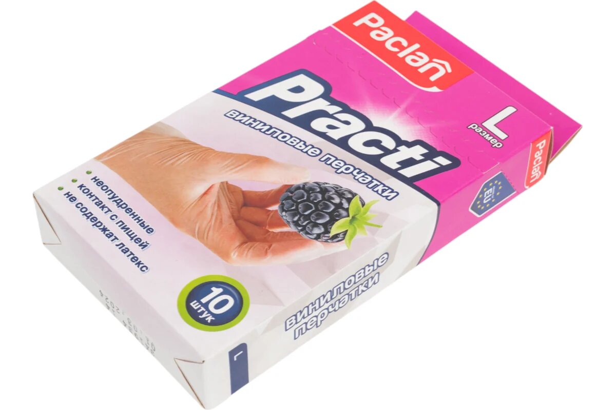 Paclan PRACTI Перчатки виниловые размер L, без пудры, упаковка 10 шт, код 407552 — фото 1