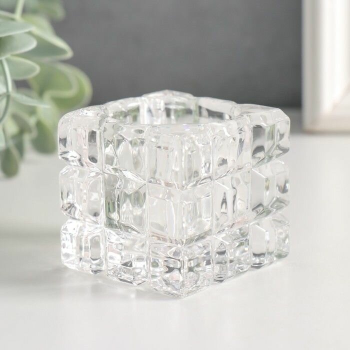 Подсвечник стекло на 1 свечу "Квадрат. Сруб" прозрачный d 3,5 см 5х5х5 см