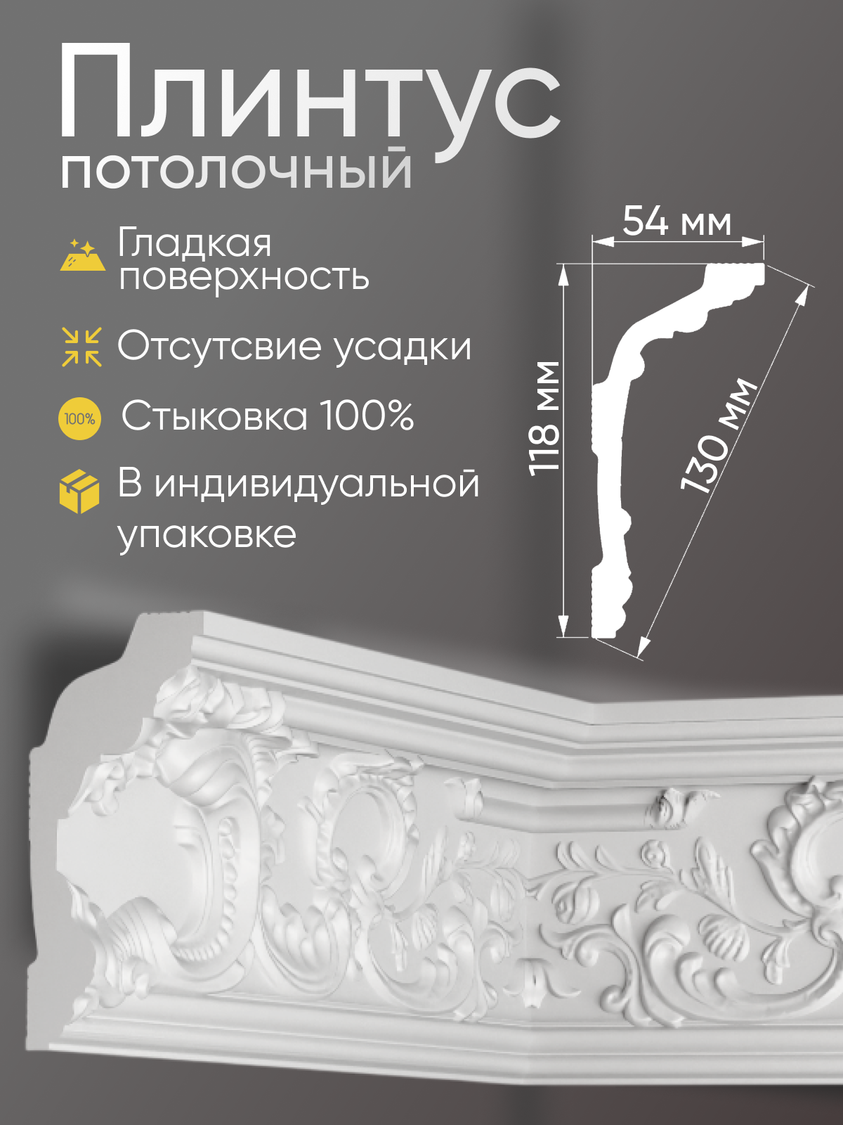 Плинтус потолочный 6 шт GLANZEPOL 200 см пенополистирол белый GP90
