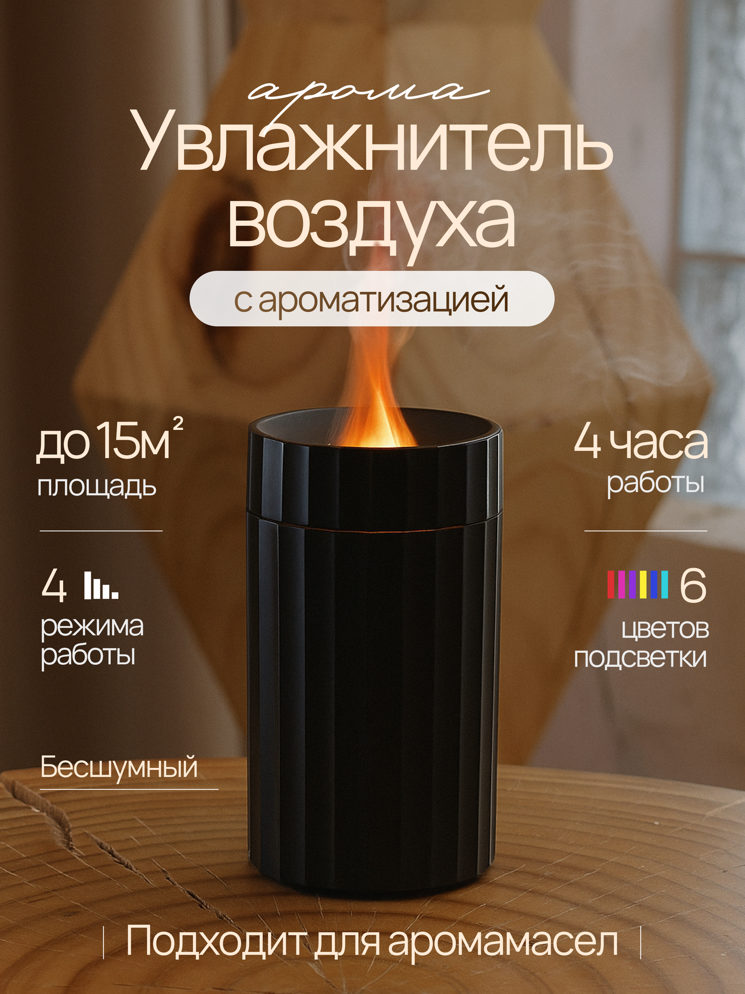 Увлажнитель воздуха для квартиры и автомобиля с ароматизацией ионизацией и подсветкой настольный черный