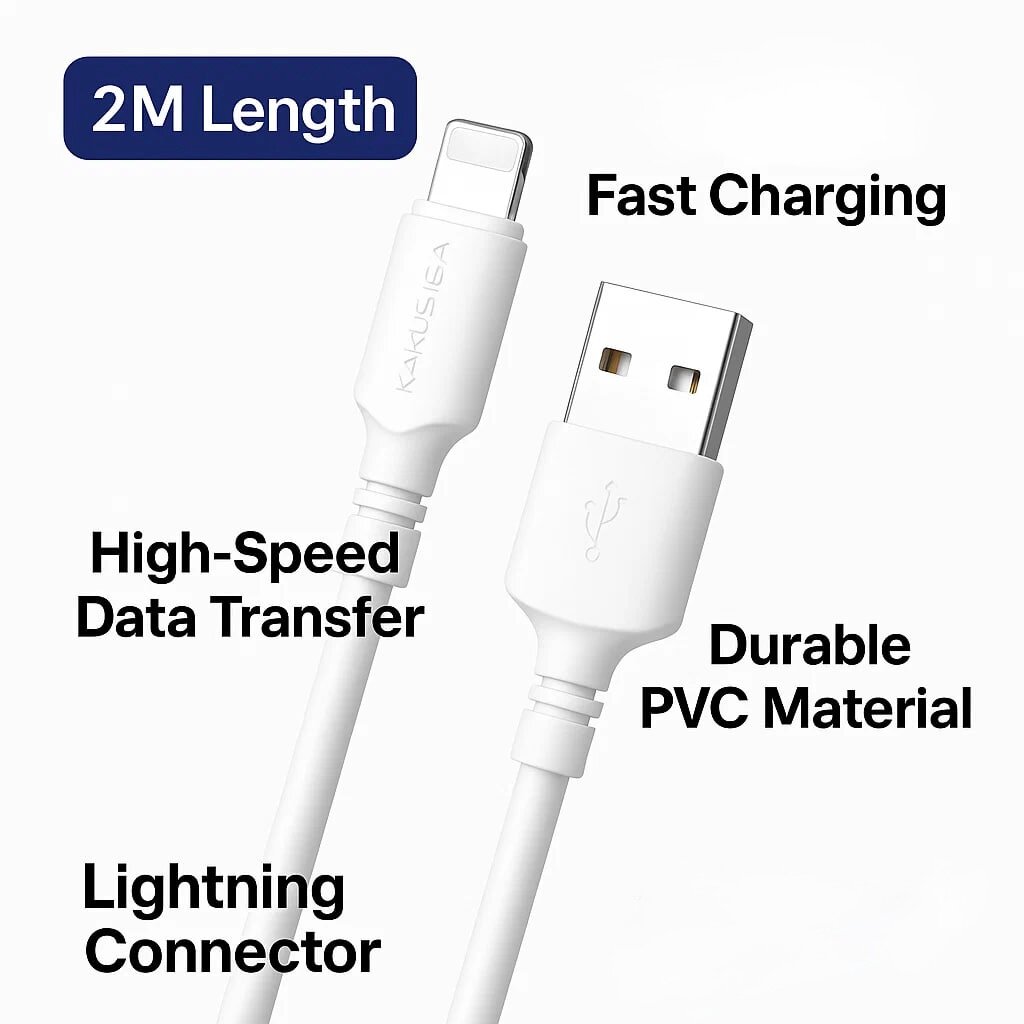 Кабель Kakusiga, Lightning, 2 A, 2 м, быстрая зарядка, передача данных, белый — фото 1