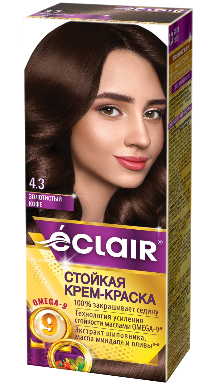 Крем-краска ECLAIR-Omega 4,3 "Золотистый-кофе", с добавлением масел Омега-9, 100 мл,
