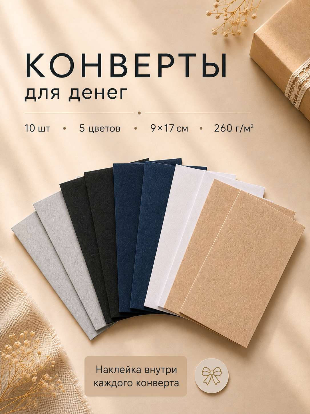 Конверты для денег подарочные однотонные 17*9 см, набор 10 шт
