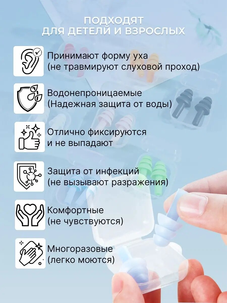 Изображение Беруши для сна многоразовые, плавания водонепроницаемые