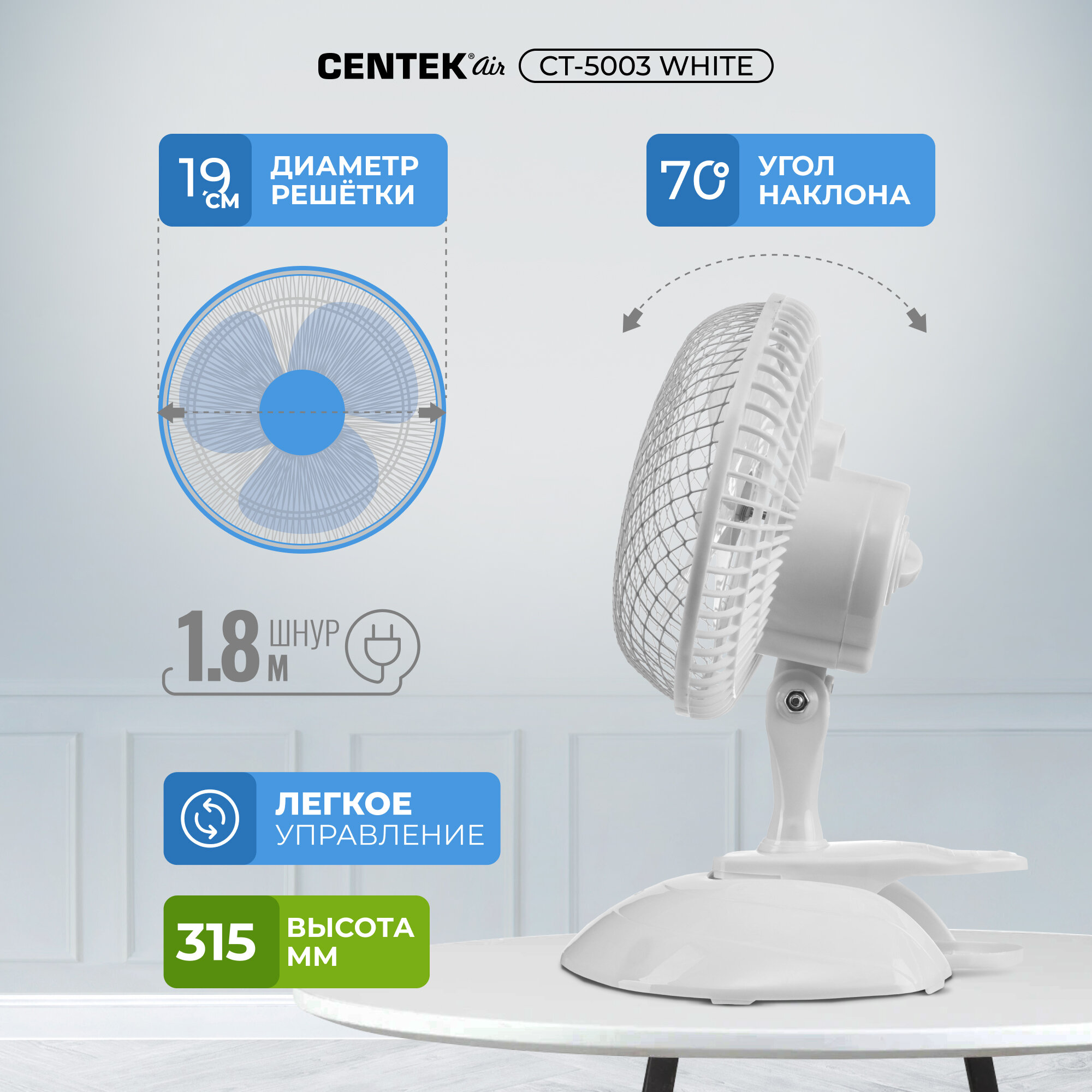 Обзор: Вентилятор настольный CENTEK CT-5003 White 20 Вт, диам: 19 см, клипса, металлическая решётка