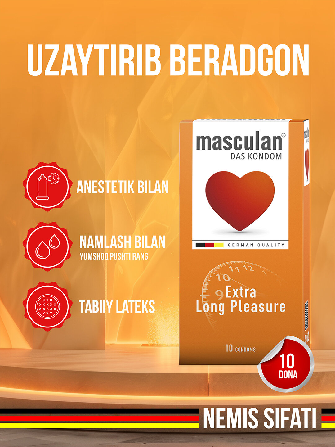 Презервативы Masculan №10 Extra Long Pleasure, латексные, с пролонгатором, смазкой и гладкой текстурой, 10 шт, Германия — фото 1