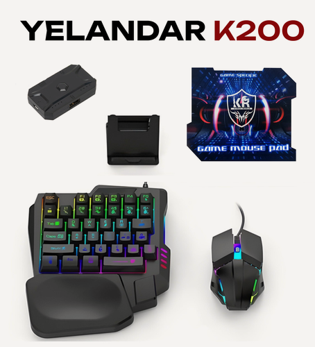 Изображение товара Игровой набор для телефона 5 в 1 YELANDAR K200 / Клавиатура + Мышка + Коврик + Конвертер для смартфона + Подставка