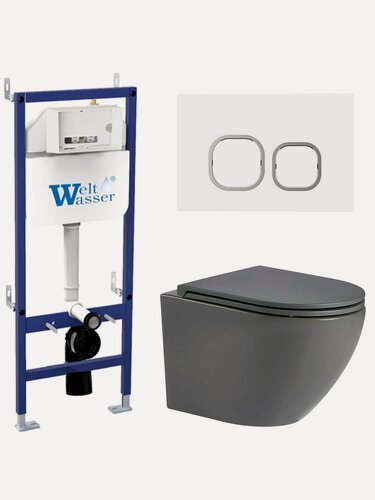 Изображение товара Комплект 6 в 1 WeltWasser: подвесной унитаз MERZBACH 043 MT-GR серый+кнопка смыва BAMBERG WT белый+инсталляция BAMBERG 460