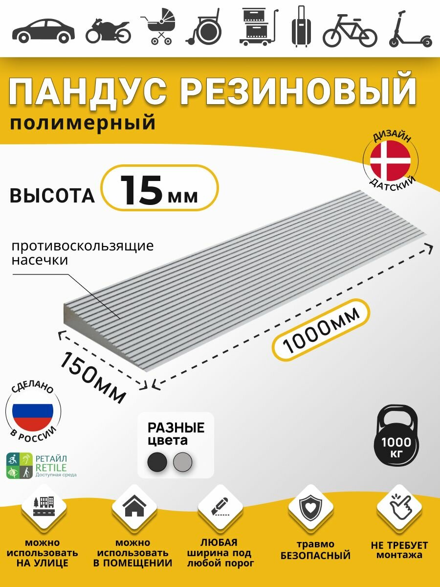 Пандус полимерный рубеж для порогов высотой 1,5 см (15х1000х150 мм), серый, для колясок, склада и автомобилей