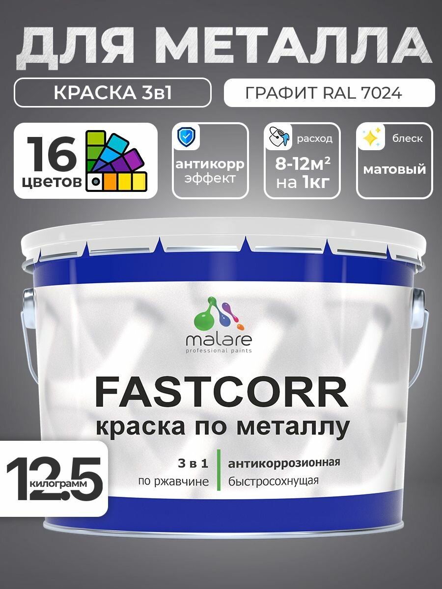 Краска по металлу Malare FastCorr по ржавчине, антикоррозионная, быстросохнущая, матовая, RAL 7024, графитово-серый(темный), 12,5 кг.
