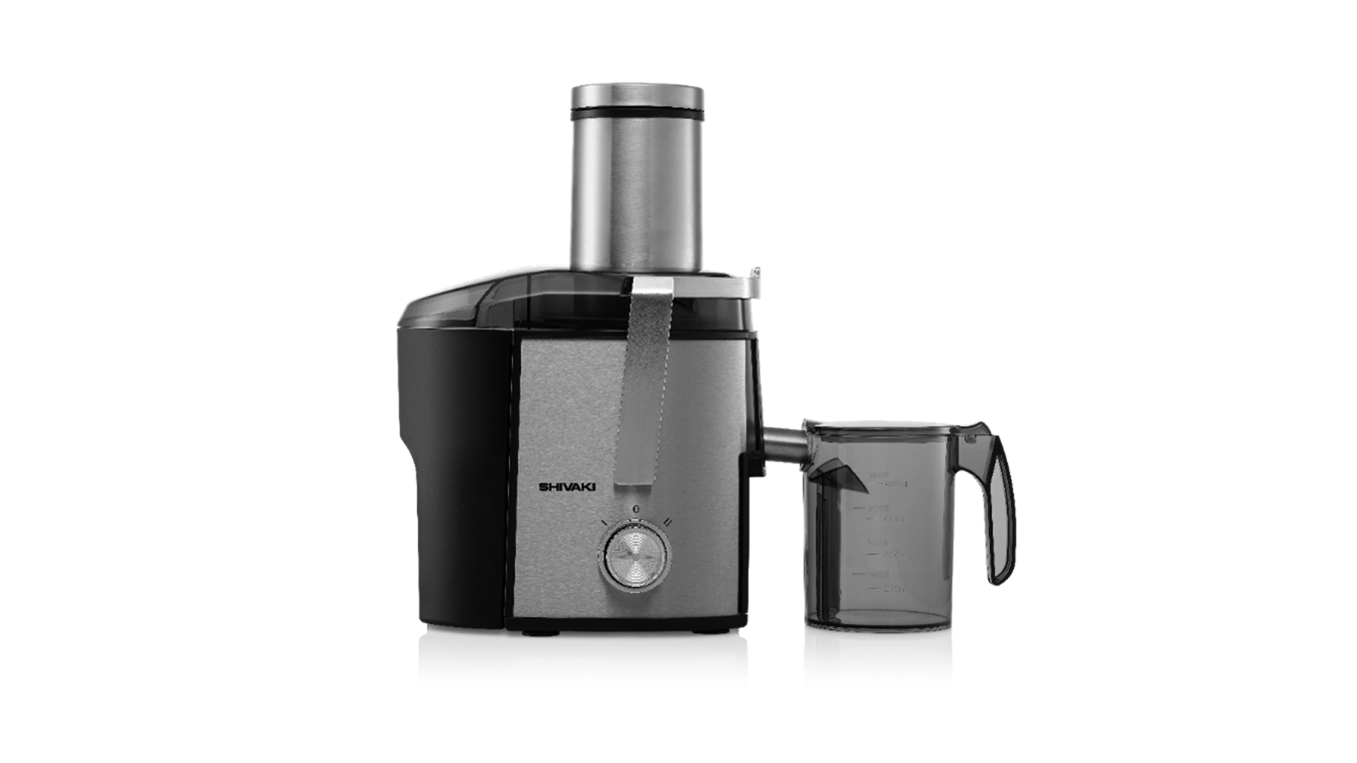 Соковыжималка Shivaki JM-626, нержавеющая сталь, прорезиненные ножки, 800Вт, черная с серебристым