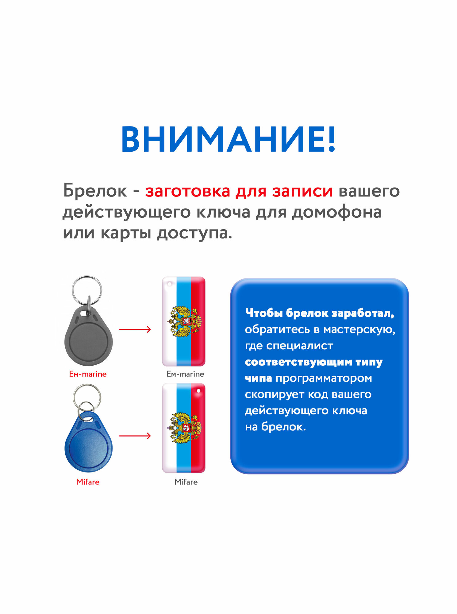 Ключ для домофона с двумя чипами, Em-Marine и Mifare. KeyBox, флаг России с гербом, 1 шт. — фото 1