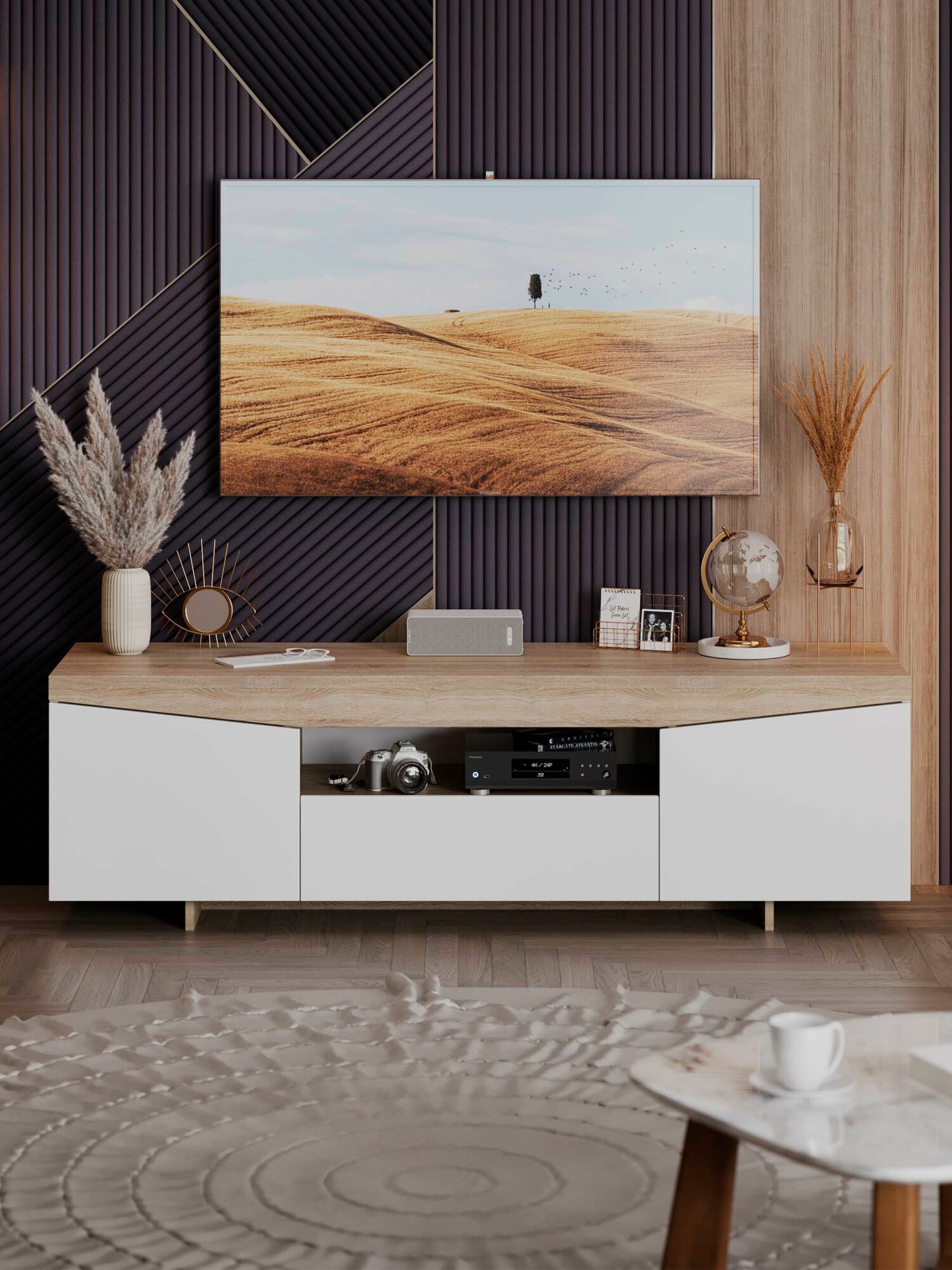 Тумба ТВ ТриЯ "Тип 1", ЛДСП, шариковые направляющие, белый/бежевый, 48,4х160 см