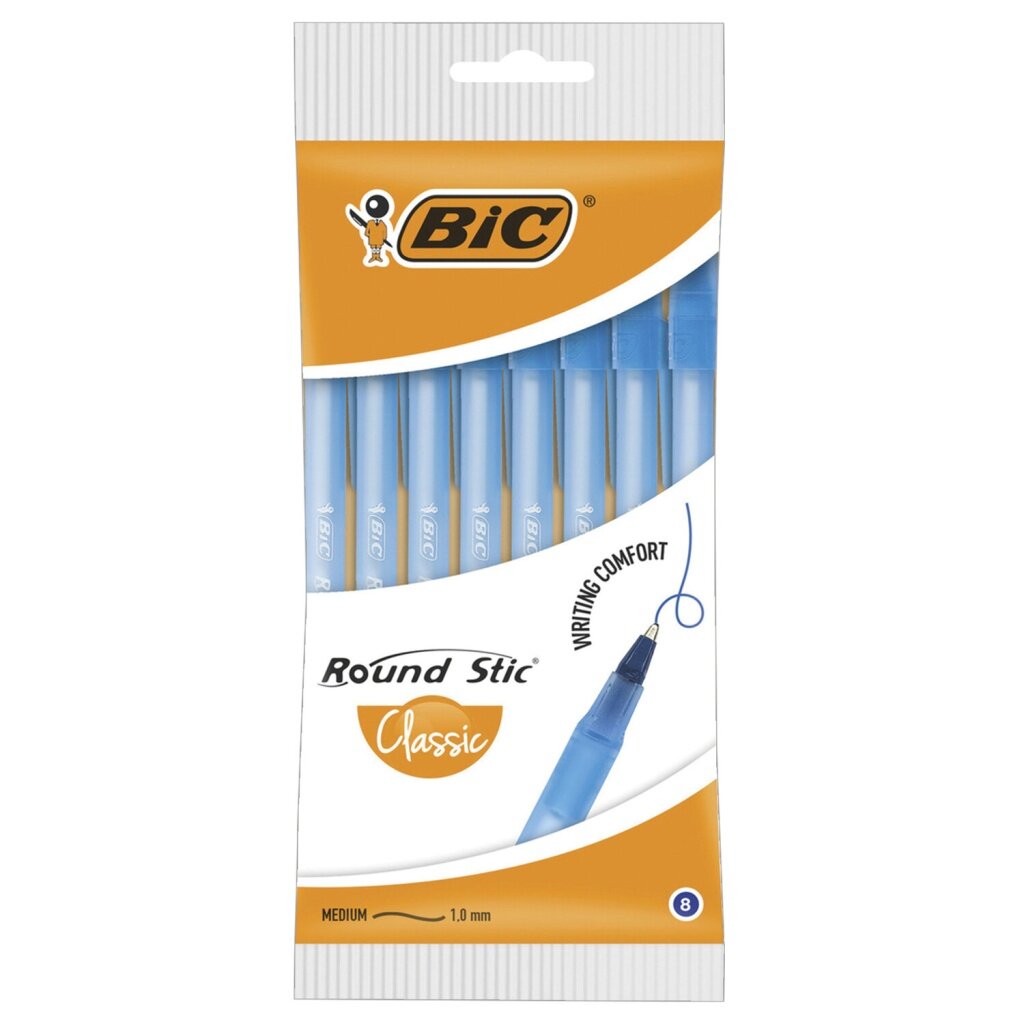 Ручки шариковые BIC "Round Stic", набор 8 шт, синие, узел 1 мм, линия письма 0,32 мм, пакет, 928497