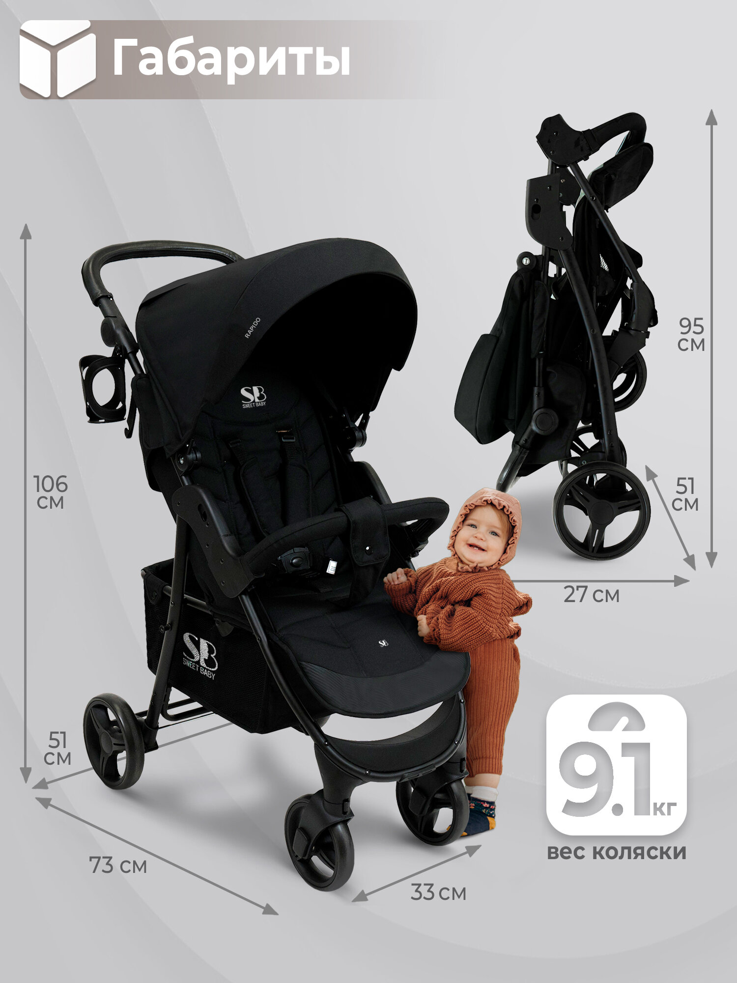 Картинки Прогулочная коляска Sweet Baby Rapido Black