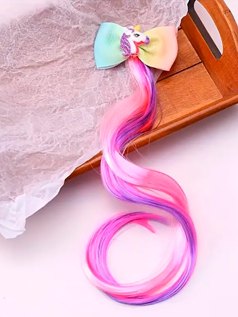 Заколка Бантик с Единорогом с цветными прядями (фиолетовый+малиновый+розовый)