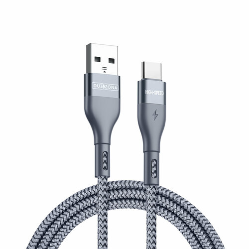 Кабель покрытый нейлоном серого цвета 200см (2м) с разъемом USB A на USB Type-C с быстрой зарядкой PD 12W от Duzzona, серия A8 Cable