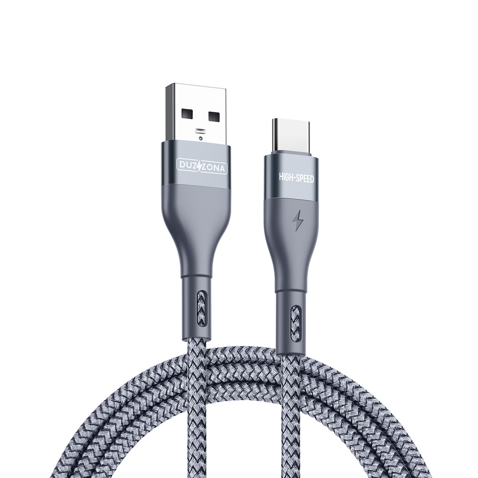 Кабель покрытый нейлоном серого цвета 100см с разъемом USB A на USB Type-C с быстрой зарядкой PD 12W от Duzzona, серия A8 Cable