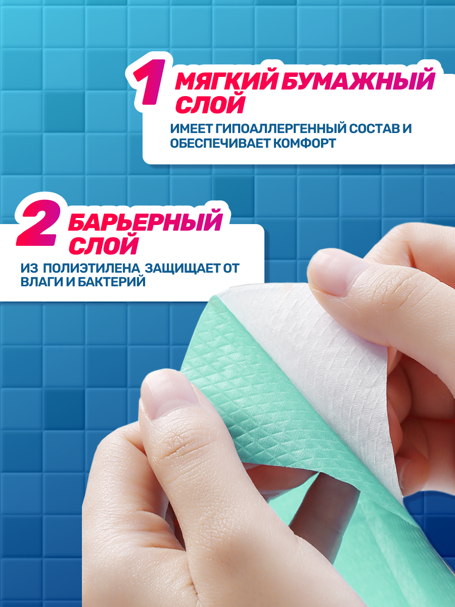Покрытия Для Унитаза Одноразовые Накладки на унитаз двухслойные непромокаемые СИНИЕ, 7 упаковок по 10 шт, 60x40 см, фиксируются на 4 липучках