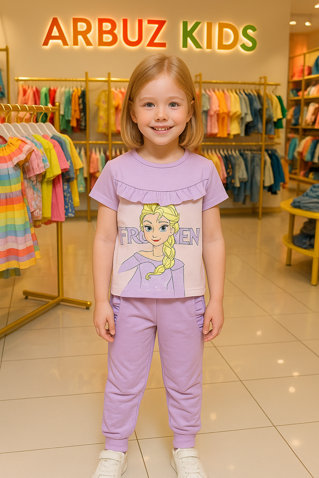 Костюм спортивный  Костюм Arbuz Kids "Frozen", для девочки, футболка и брюки из хлопка, цвет лавандовый, размер 104, фиолетовый — фото 1