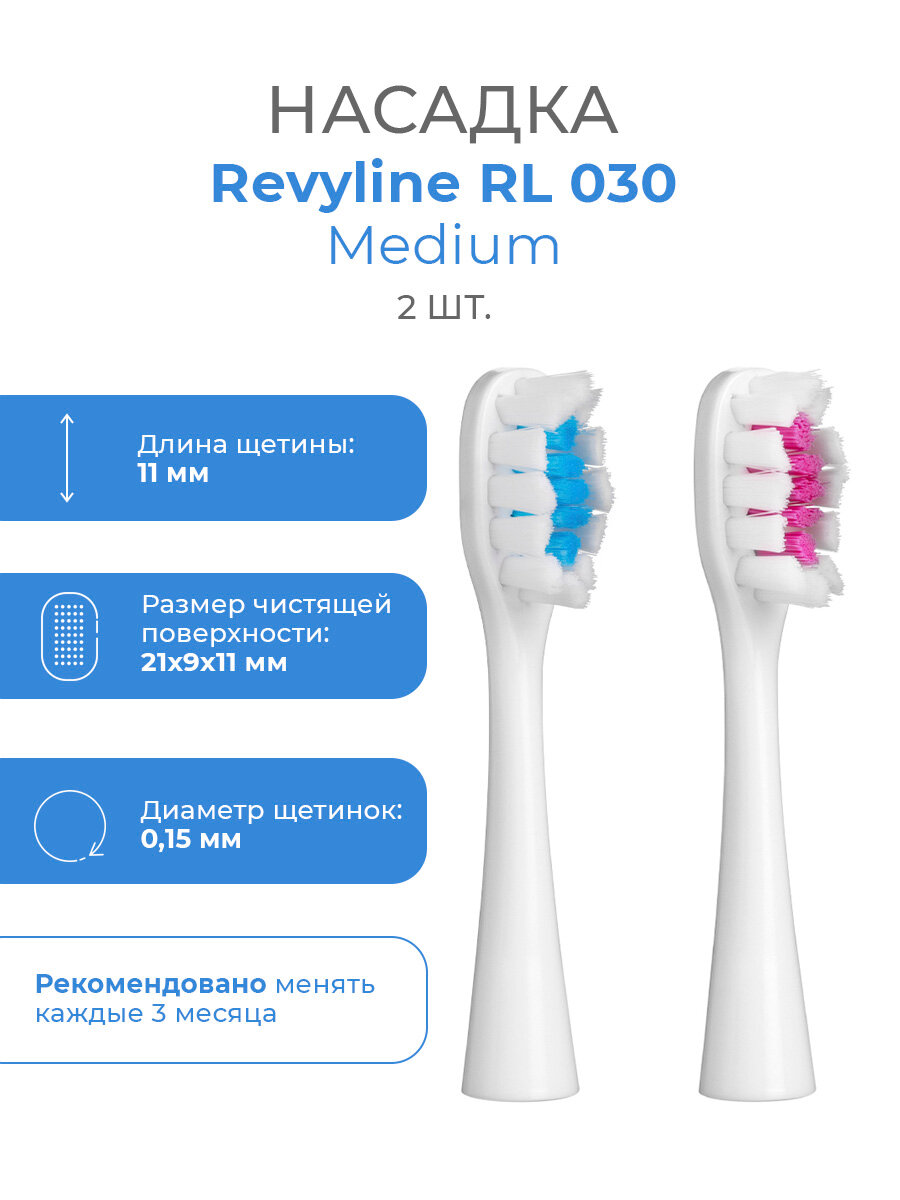 Сменные насадки для электрической зубной щетки Revyline RL 030, 2 шт, Medium/средние, белые