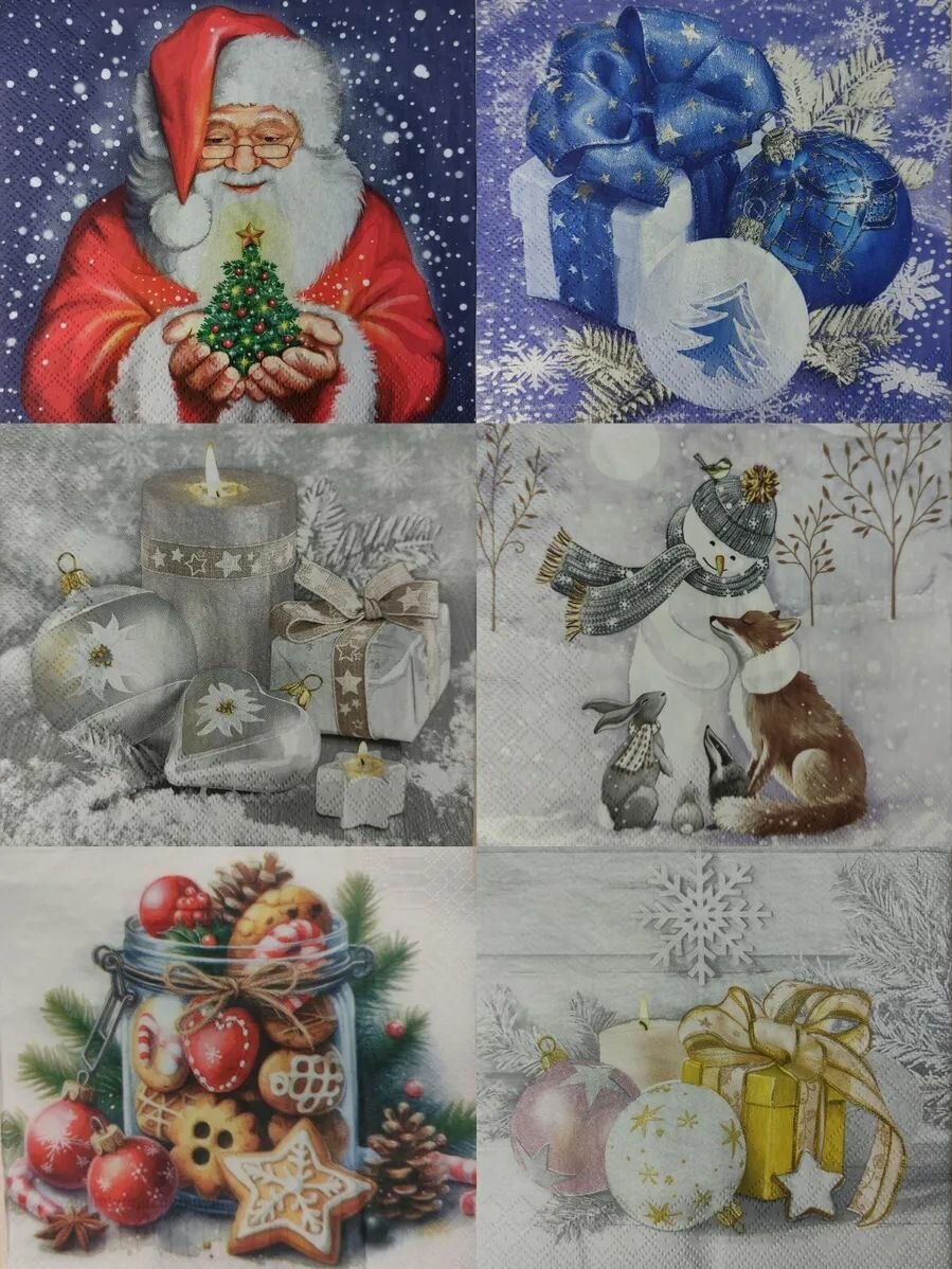 Салфетки бумажные для декупажа, набор Новый год № 16 из 6шт разного дизайна. 33*33, 3-х/2-х слойные