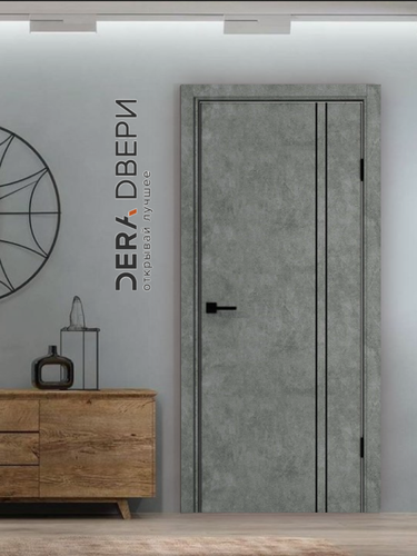 Изображение товара Дверь межкомнатная Дера 326, глухая , в комплекте, ПВХ, Бетон Темный, МДФ, декор молдинг черный, алюминиевая кромка с 2-х сторон, 70х200 см, 1 шт.