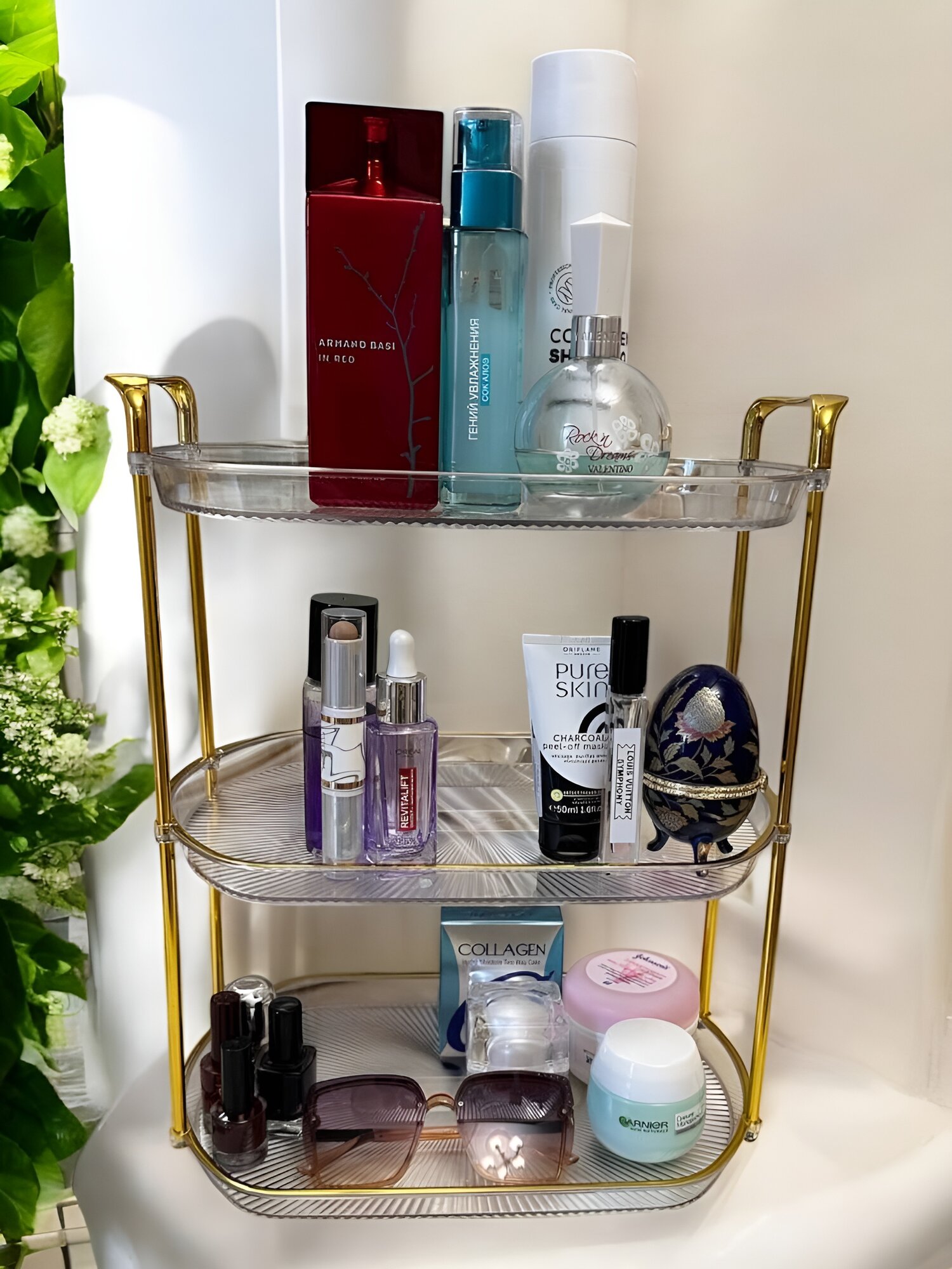 Органайзер для косметики, металл, золотистый каркас, прозрачный акрил, 3 полки — фото 1