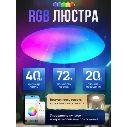 Люстра потолочная светодиодная с разноцветной RGB подсветкой, умный светильник с пультом для спальни, зала, гостиной, детской комнаты. 72w, 40 см
