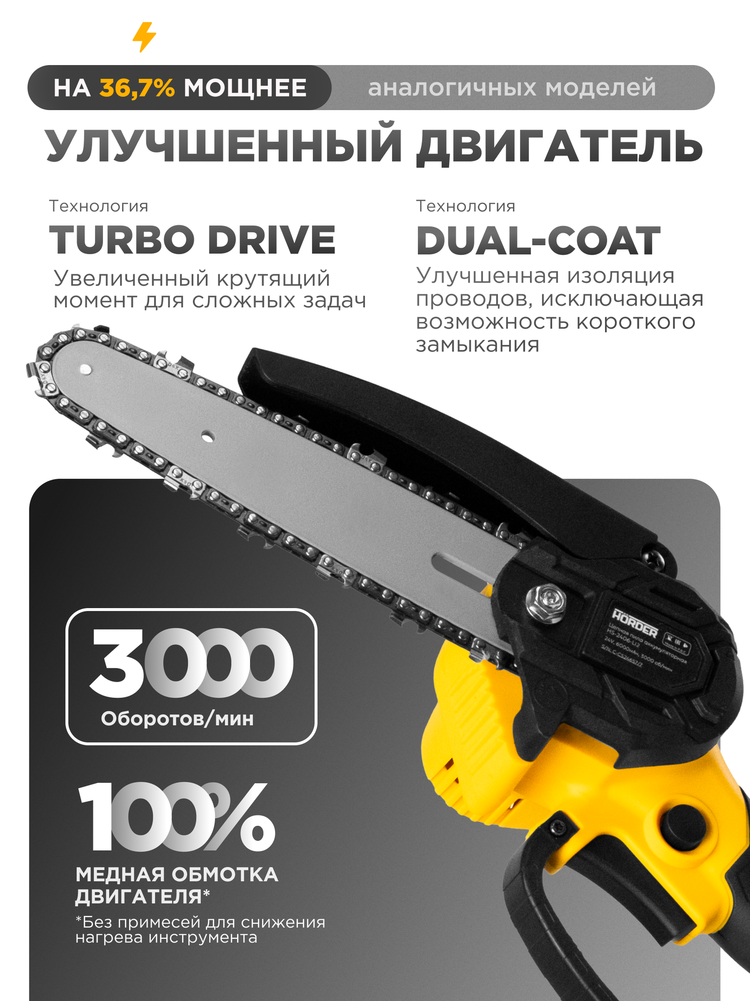 Цепная аккумуляторная мини пила HÖRDER HS-2406 Li2 в кейсе, 3000 об/мин, 2 шины, 2 цепи 6"/4", 2 аккумулятора 24 В — фото 1
