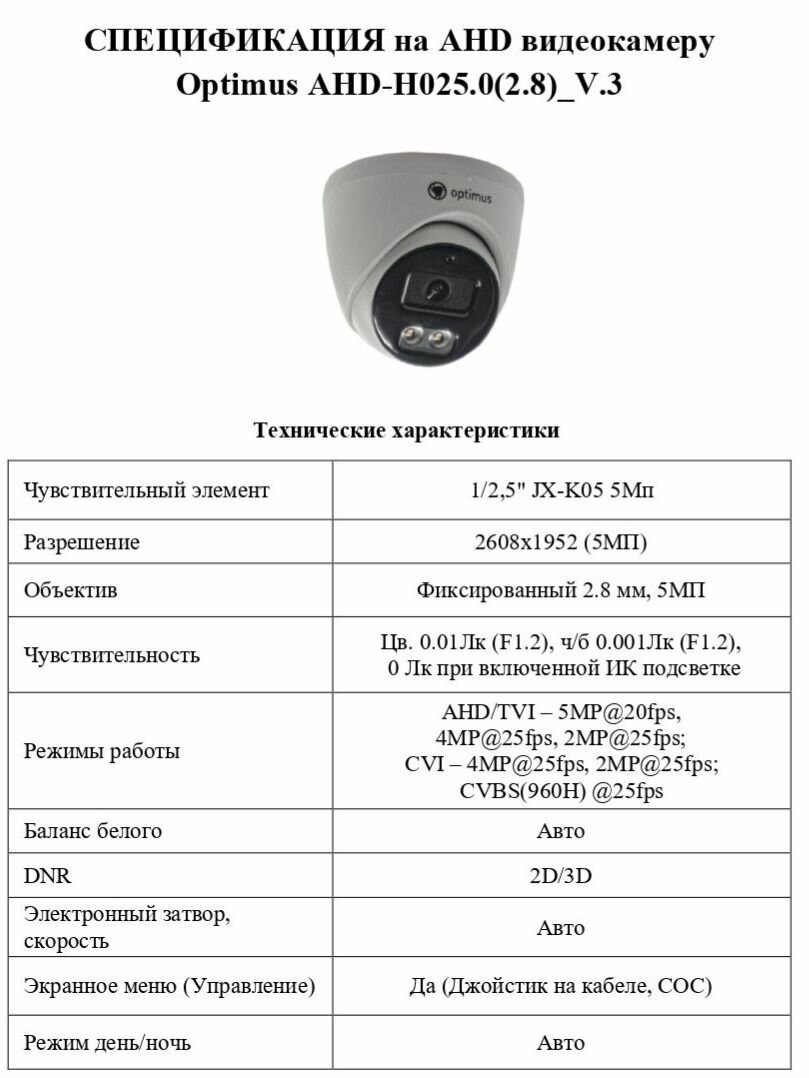 Видеокамера Optimus AHD-H025.0(2.8)_V.3 — фото 1