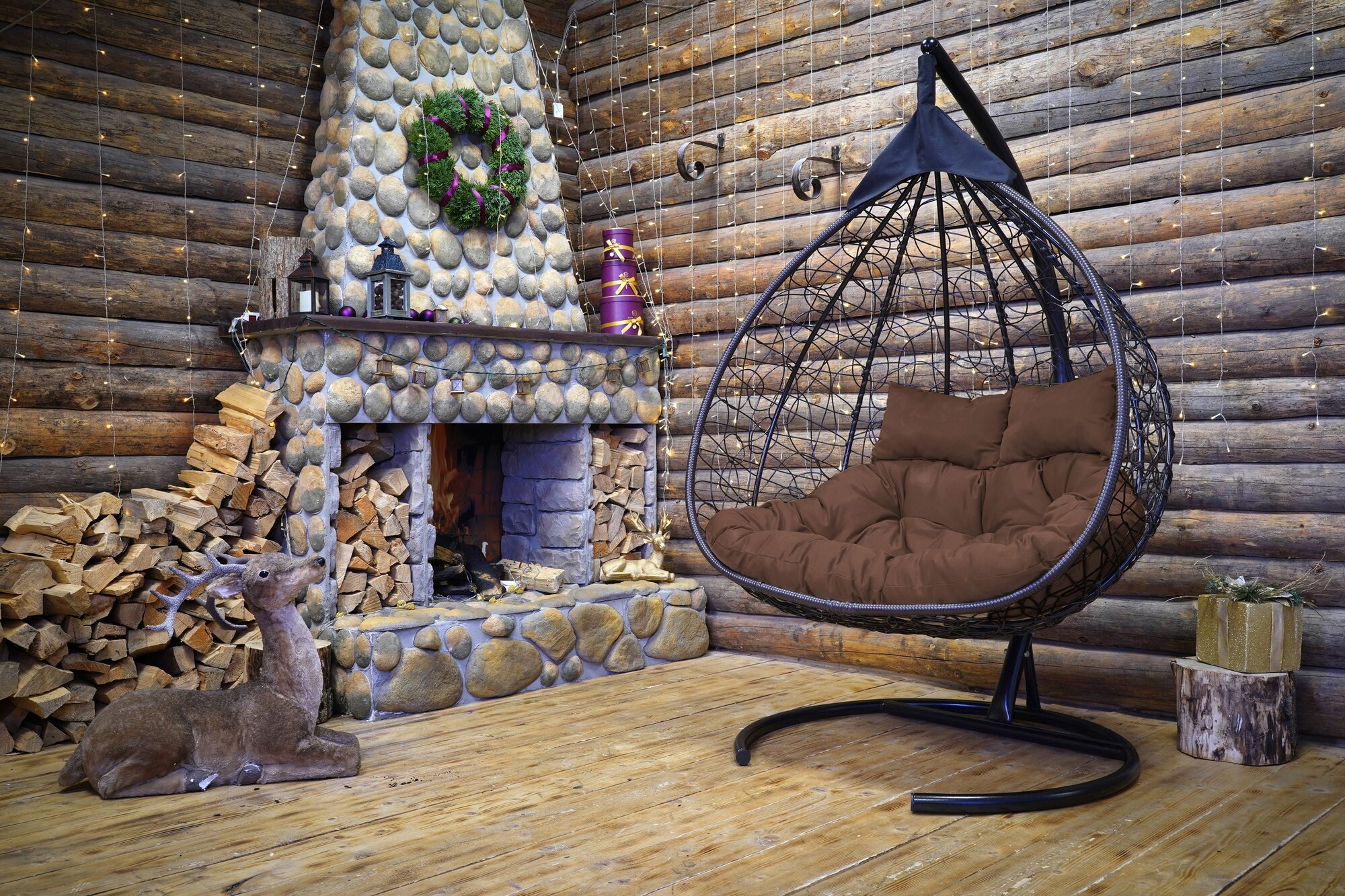 Подвесное двухместное кресло-кокон FISHT коричневый (коричневая подушка, полиэстер) — фото 1