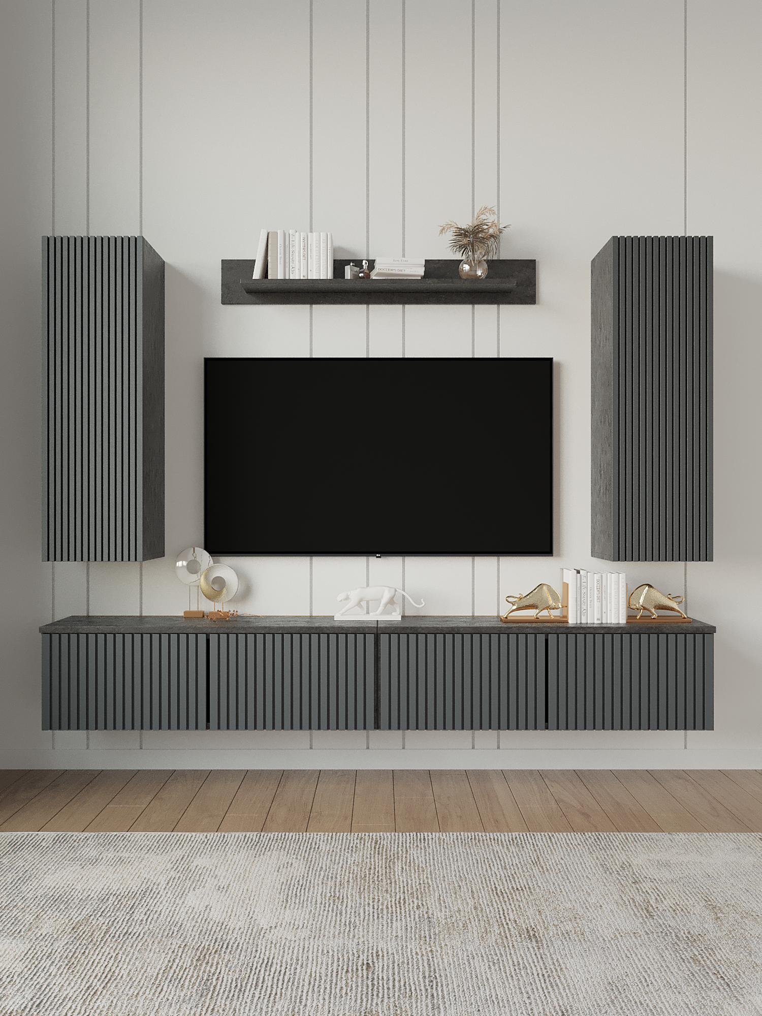 Модульная стенка ORBIS 3, современное исполнение, для гостиной, длина 220 см, Темный цемент/Графит