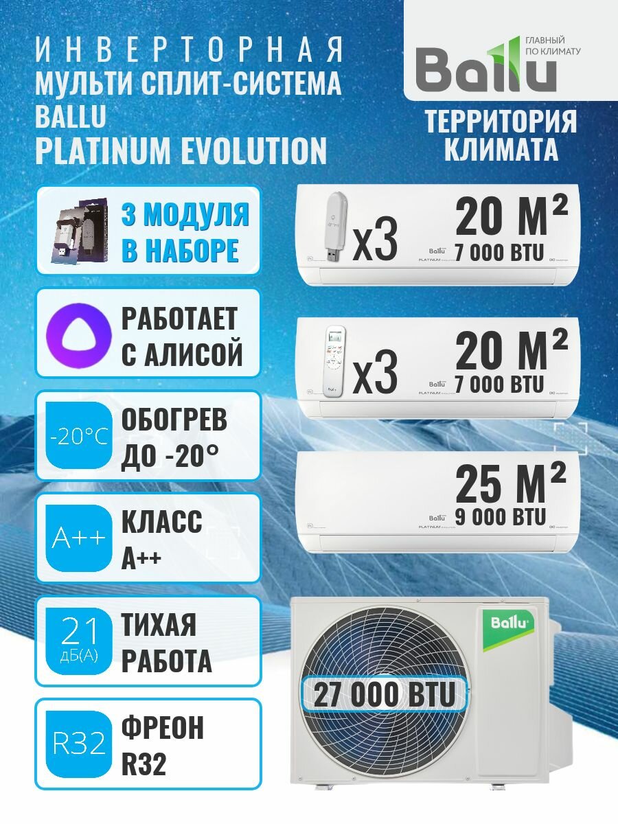 Инверторная мульти сплит-система Ballu Platinum Evolution на 3 комнаты BSUI-FM-07+07+09 HN8/EU BA3OI-FM/out-27HN8/EU+WI-FI